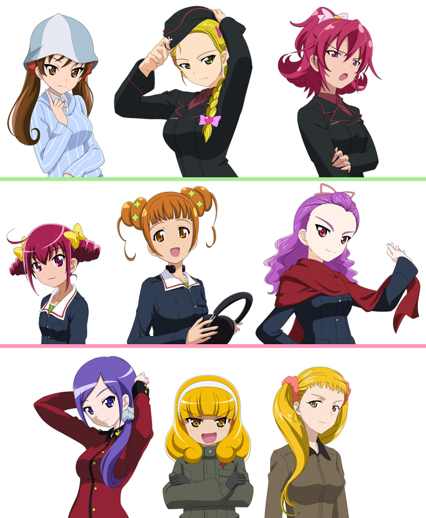 6+girls aida_mana aono_miki blonde_hair braid brown_hair caesar_(girls_und_panzer) caesar_(girls_und_panzer)_(cosplay) commentary_request cosplay darjeeling_(girls_und_panzer) darjeeling_(girls_und_panzer)_(cosplay) dokidoki!_precure fresh_precure! fuchigami_mai fukuen_misato futari_wa_precure futari_wa_precure_max_heart girls_und_panzer hat headphones highres hoshizora_miyuki ise_mariya itsumi_erika itsumi_erika_(cosplay) j9mz23 kadotani_anzu kadotani_anzu_(cosplay) kanemoto_hisako kasugano_urara_(yes!_precure_5) katyusha_(girls_und_panzer) katyusha_(girls_und_panzer)_(cosplay) keizoku_military_uniform kitamura_eri kujou_hikari kuromorimine_military_uniform mika_(girls_und_panzer) mika_(girls_und_panzer)_(cosplay) mimino_kurumi multiple_girls nabatame_hitomi naomi_(girls_und_panzer) naomi_(girls_und_panzer)_(cosplay) nishizumi_maho nishizumi_maho_(cosplay) nishizumi_miho nishizumi_miho_(cosplay) noto_mamiko ooarai_military_uniform pink_hair pravda_military_uniform precure precure_all_stars sakagami_ayumi saunders_military_uniform scarf sendai_eri smile_precure st._gloriana's_military_uniform tanaka_rie twintails voice_actor_connection yayoi_kise yes!_precure_5 yotsuba_alice