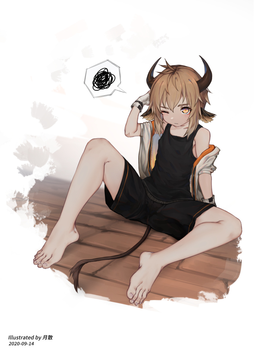 1boy animal_ears arknights artist_name barefoot bison_(arknights) black_shorts blush brown_hair closed_mouth cow_boy cow_ears cow_horns cow_tail dated feet full_body gloves highres horns light_brown_hair looking_at_viewer male_focus shorts sitting solo spoken_squiggle squiggle tail tsukibara white_gloves