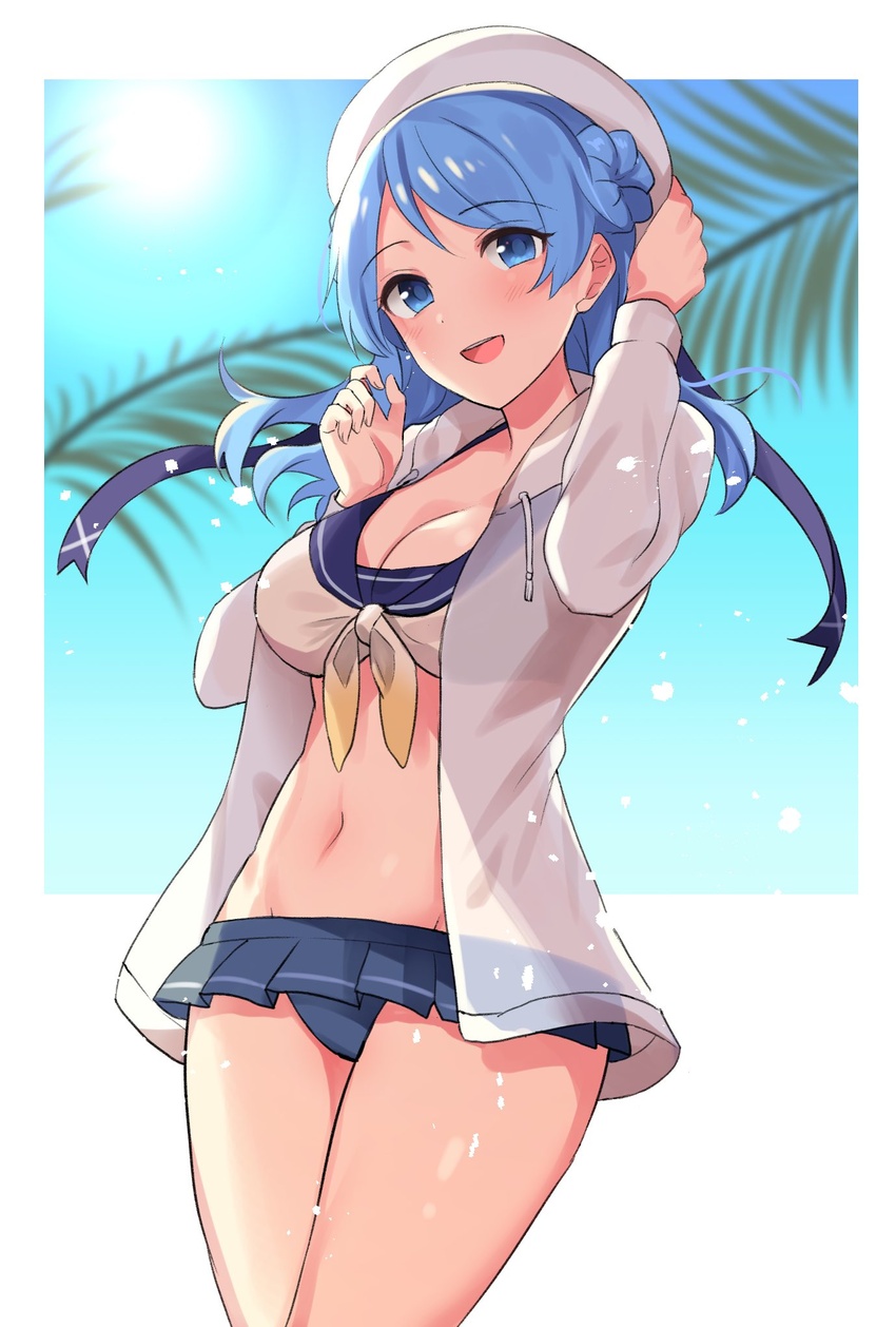 bikini bikini_skirt blue_eyes blue_hair blush breasts cleavage double_bun female hair_bun hat highres jacket kantai_collection large_breasts long_hair long_sleeves navel open_clothes open_jacket open_mouth palm_tree sailor_bikini sailor_collar senbei_(senbe_i) simple_background solo sun swimsuit tree urakaze_(kancolle) white_hat