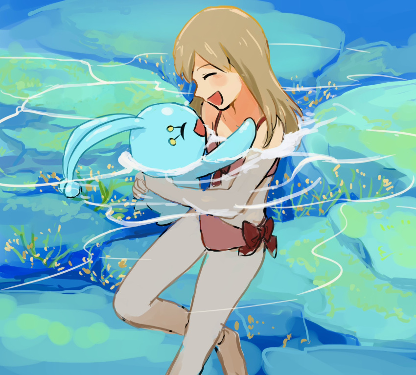 bare_shoulders bikini bow bow_bikini brown_hair closed_eyes female highres holding holding_pokemon hug manaphy may_(pokemon) open_mouth partially_submerged pokemon pokemon_(anime) pokemon_(creature) pokemon_ranger_and_the_temple_of_the_sea pokemon_rse_(anime) red_bikini red_bow swimsuit water zuchi_wan