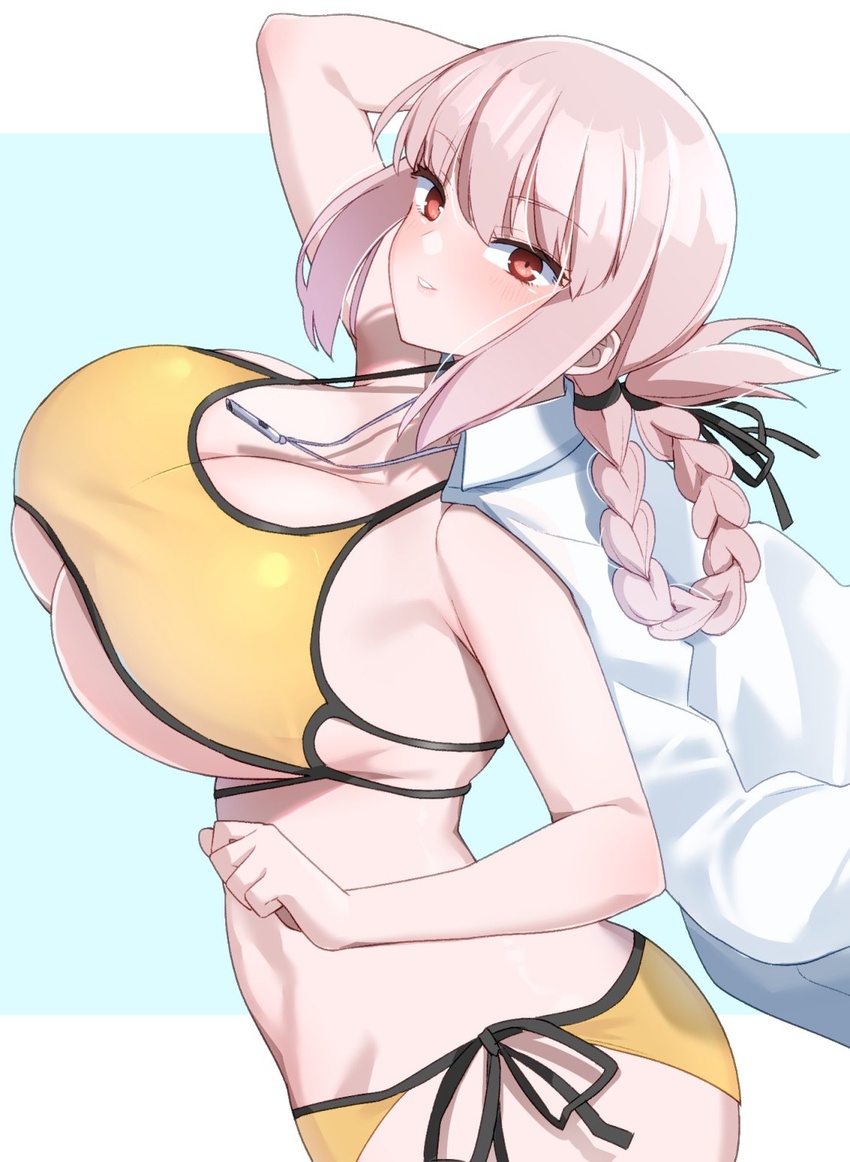 akitokage bikini blush braid breasts cleavage coat fate/grand_order fate_(series) female florence_nightingale_(chaldea_lifesavers)_(fate) florence_nightingale_(fate) highres jewelry large_breasts long_hair looking_at_viewer necklace red_eyes side-tie_bikini_bottom sideboob solo swimsuit whistle