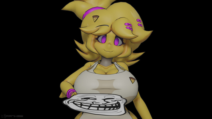 16:9 2022 3d_(artwork) accessory apron avian big_breasts bird blonde_hair breasts chica_(cally3d) chica_(fnaf) chicken clothing digital_media_(artwork) feathers female five_nights_at_freddy's fredina's_nightclub galliform gallus_(genus) hair hair_accessory hi_res holding_object meme phasianid purple_eyes scottgames sheeple3d solo trollface widescreen wristband yellow_body yellow_feathers