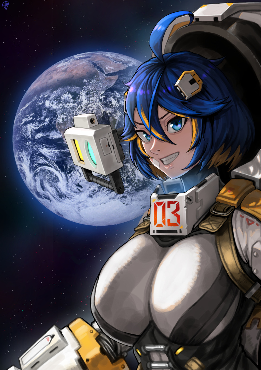 absurdres ahoge blonde_hair blue_eyes blue_hair breasts earth_(planet) female grin hair_between_eyes highres huge_ahoge korean_commentary large_breasts last_origin planet smile solo space spacesuit spartoia star_(sky) sukai