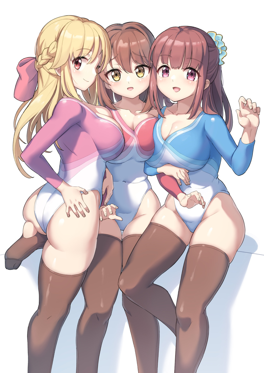 3girls :d absurdres amatsu_kanata arukiru ass blonde_hair blunt_bangs bow braid breast_press breasts brown_hair cleavage closed_mouth collarbone commentary commission covered_navel dot_nose girlfriend_(kari) hair_between_eyes hair_ornament hairbow hand_on_own_hip highleg highleg_leotard highres hug large_breasts legs_apart leotard long_hair looking_at_viewer medium_breasts multiple_girls open_mouth pink_eyes sasahara_nonoka scrunchie shadow shiina_kokomi simple_background skeb_commission skin_tight smile standing standing_on_one_leg thigh_gap thighhighs thighs white_background yellow_eyes