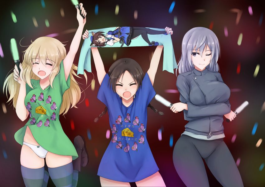 3girls absurdres animal_ears arms_under_breasts aurora_e._juutilainen bad_id bad_pixiv_id black_pantyhose blonde_hair blue_dress blue_shirt bow bow_panties braid brave_witches breasts brown_footwear brown_hair contrapposto dress glowstick green_shirt grey_hair grey_jacket hair_between_eyes hat highres isosceles_triangle_(xyzxyzxyz) jacket jumping large_breasts leggings long_hair long_shirt luminous_witches medium_breasts messy_hair misumi_miya multiple_girls multiple_wings nora_taylor one_eye_closed panties pantyhose purple_eyes shibuya_inori shirt skindentation small_breasts strike_witches:_aurora_no_majo striped_clothes striped_thighhighs thighhighs thighs twin_braids underwear very_long_hair white_panties white_thighhighs wings world_witches_series