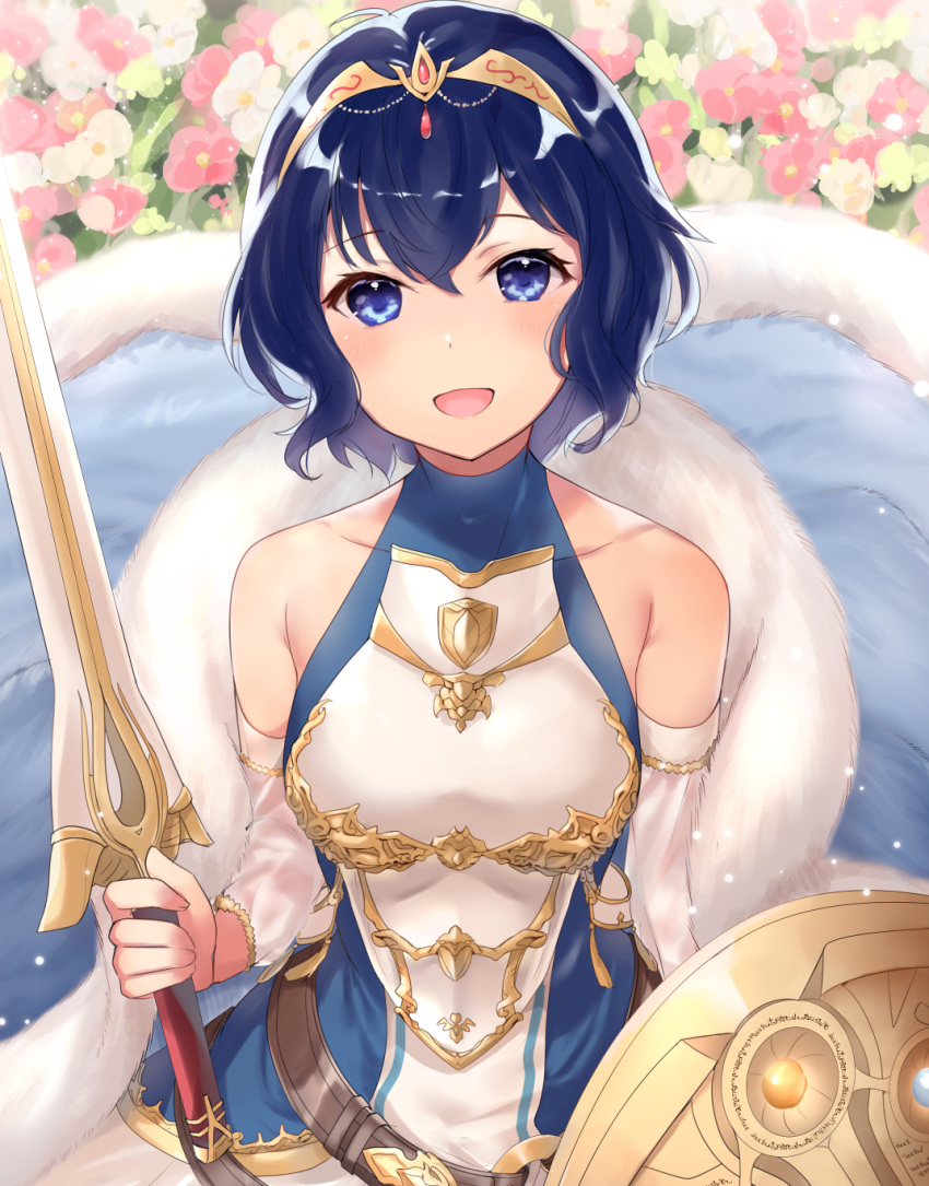 alternate_hair_color bare_shoulders belt binding_shield blue_eyes blue_hair cape commentary_request detached_sleeves falchion_(fire_emblem) female fire_emblem fire_emblem_awakening flower fur_cape haru_(nakajou-28) highres holding holding_sword holding_weapon morgan_(female)_(fire_emblem) morgan_(fire_emblem) open_mouth solo sword tiara weapon