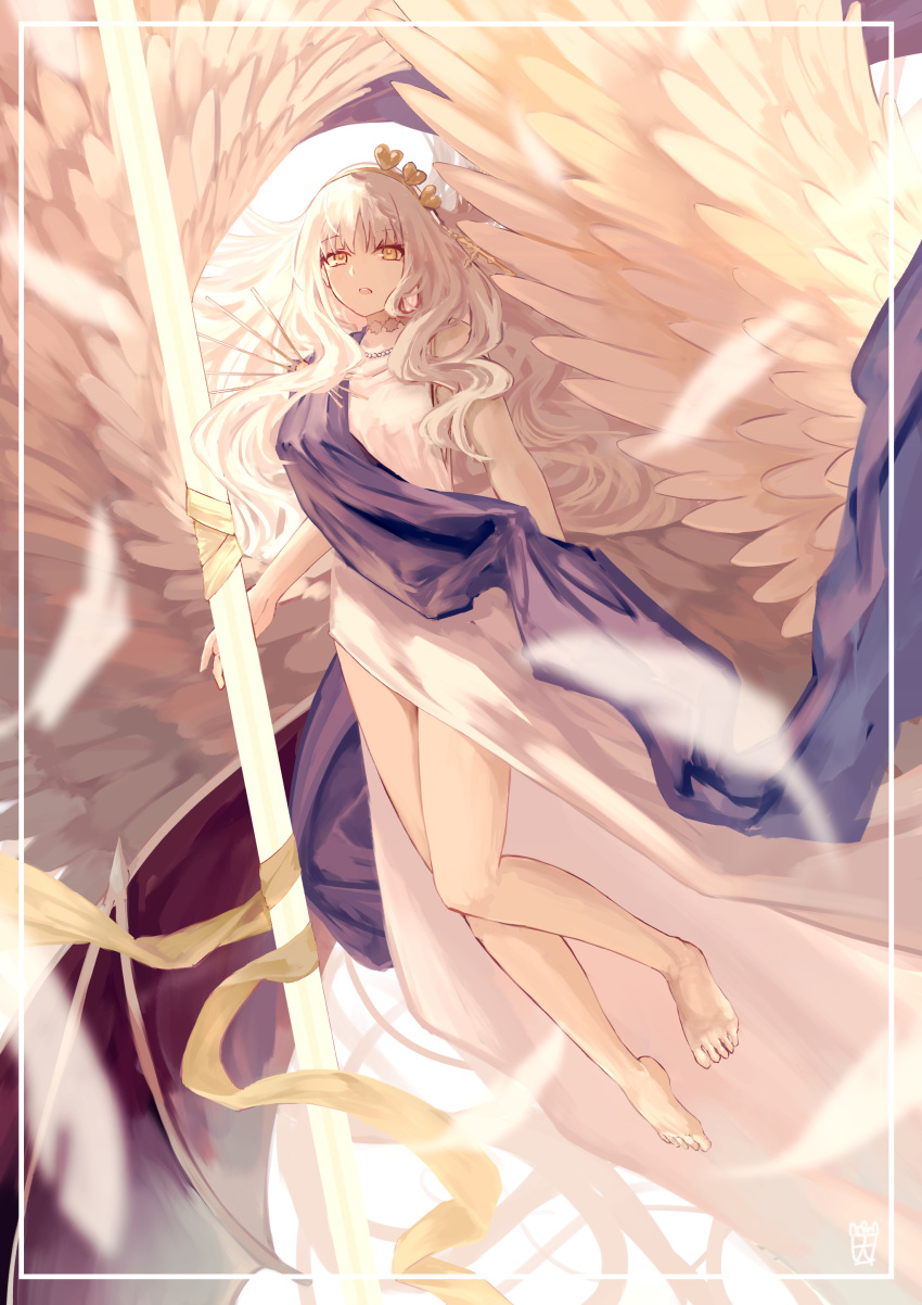 absurdres angel angel_wings bare_arms bare_legs barefoot caren_hortensia caren_hortensia_(amor_caren) caren_hortensia_(amor_caren)_(calling_agape) dress fate/grand_order fate/hollow_ataraxia fate_(series) feathered_wings feathers feet female highres jewelry large_wings long_hair looking_at_viewer necklace ootato white_dress white_hair white_wings wings yellow_eyes