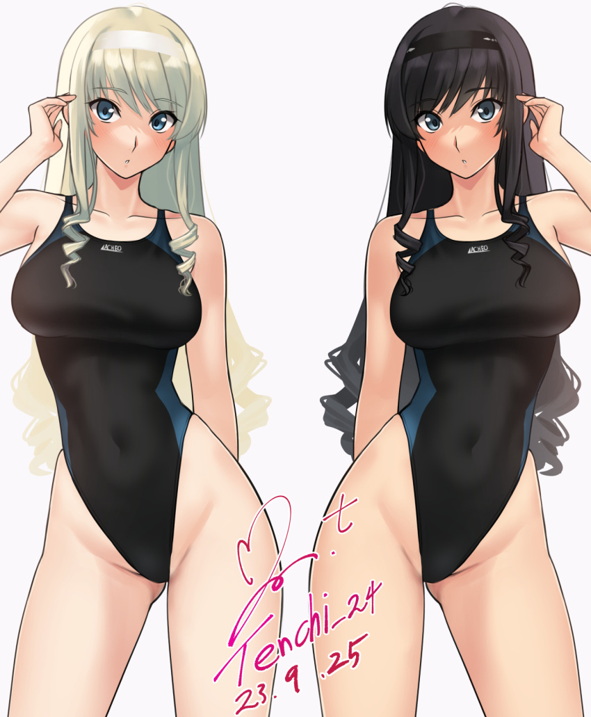 2girls amagami artist_name black_eyes black_hair black_hairband blonde_hair blue_eyes blush breasts collarbone competition_swimsuit cousins covered_navel curly_hair groin hairband highleg highleg_swimsuit highres large_breasts long_hair looking_at_viewer morishima_haruka morishima_jessica multiple_girls one-piece_swimsuit signature simple_background standing swimsuit symmetry white_hairband yoo_tenchi