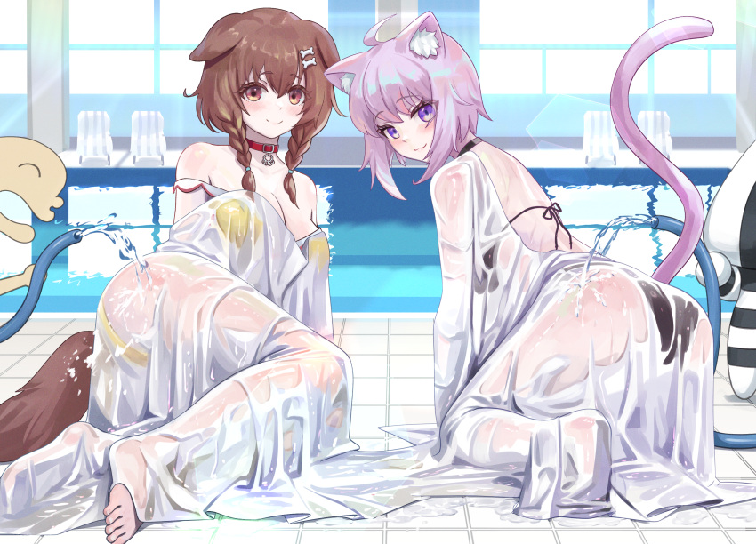 2girls absurdres adapted_costume ahoge animal_ear_fluff animal_ears barefoot bikini black_bikini black_choker blush breasts brown_hair cat_ears cat_girl cat_tail choker dalcom dog_ears dog_girl dog_tail hair_between_eyes highres hololive inugami_korone inugami_korone_(1st_costume) listener_(inugami_korone) looking_at_viewer medium_breasts multiple_girls nekomata_okayu onigirya_(nekomata_okayu) pink_hair red_choker see-through smile soles swimsuit tail virtual_youtuber water yellow_bikini