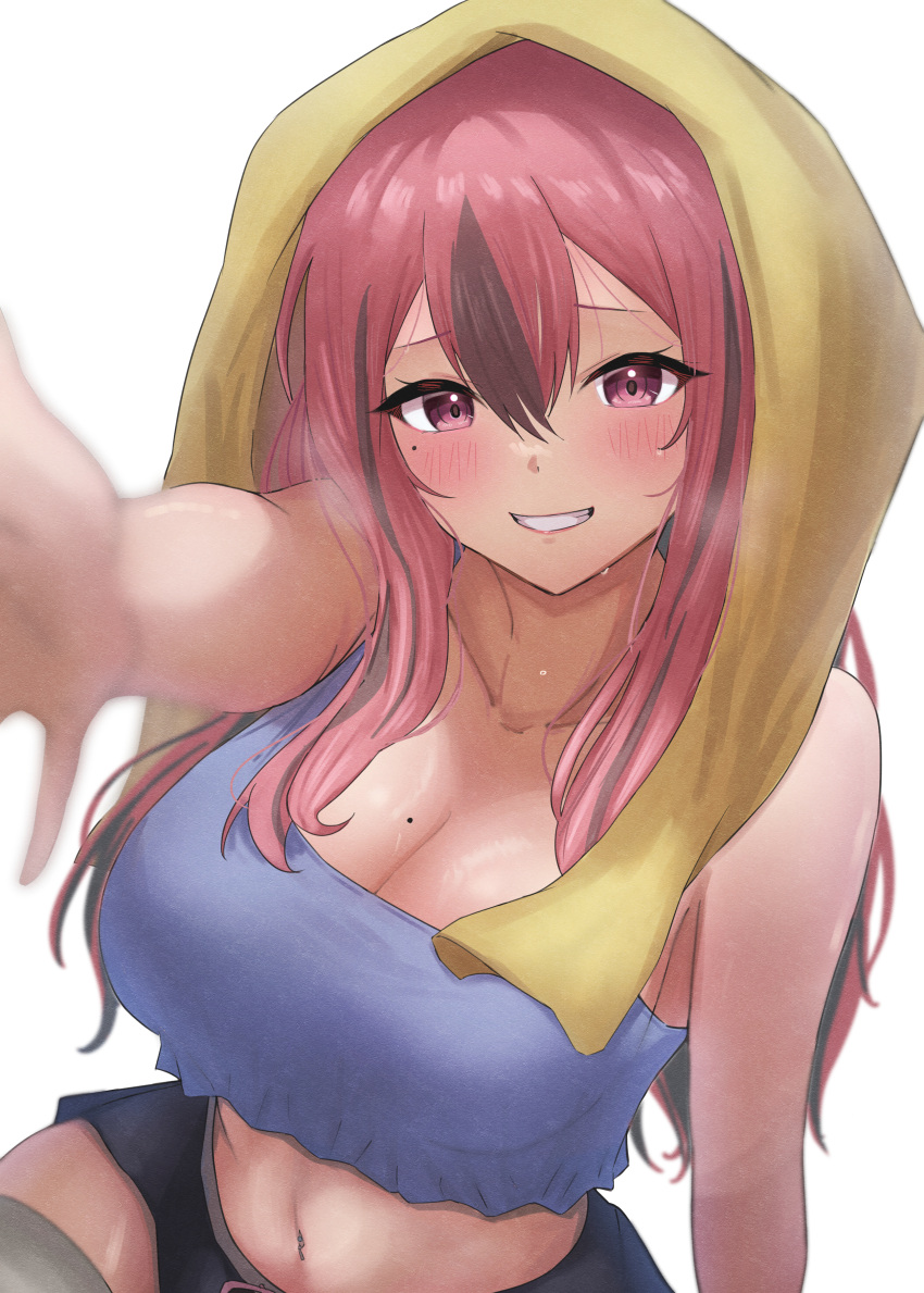 absurdres arm_up azur_lane bare_shoulders black_shorts blurry blurry_foreground blush breasts bremerton_(azur_lane) bremerton_(relaxation_consultation)_(azur_lane) cleavage collarbone commentary_request cowboy_shot crop_top female grey_hair grey_thighhighs grin hair_between_eyes hair_down highres large_breasts long_hair looking_at_viewer mole mole_on_breast mole_under_eye multicolored_hair navel navel_piercing official_alternate_costume official_alternate_hairstyle piercing pink_eyes pink_hair purple_tank_top short_shorts shorts sidelocks simple_background sitting smile solo soul_(dp11) streaked_hair tank_top teeth thighhighs towel towel_on_head two-tone_hair wet white_background