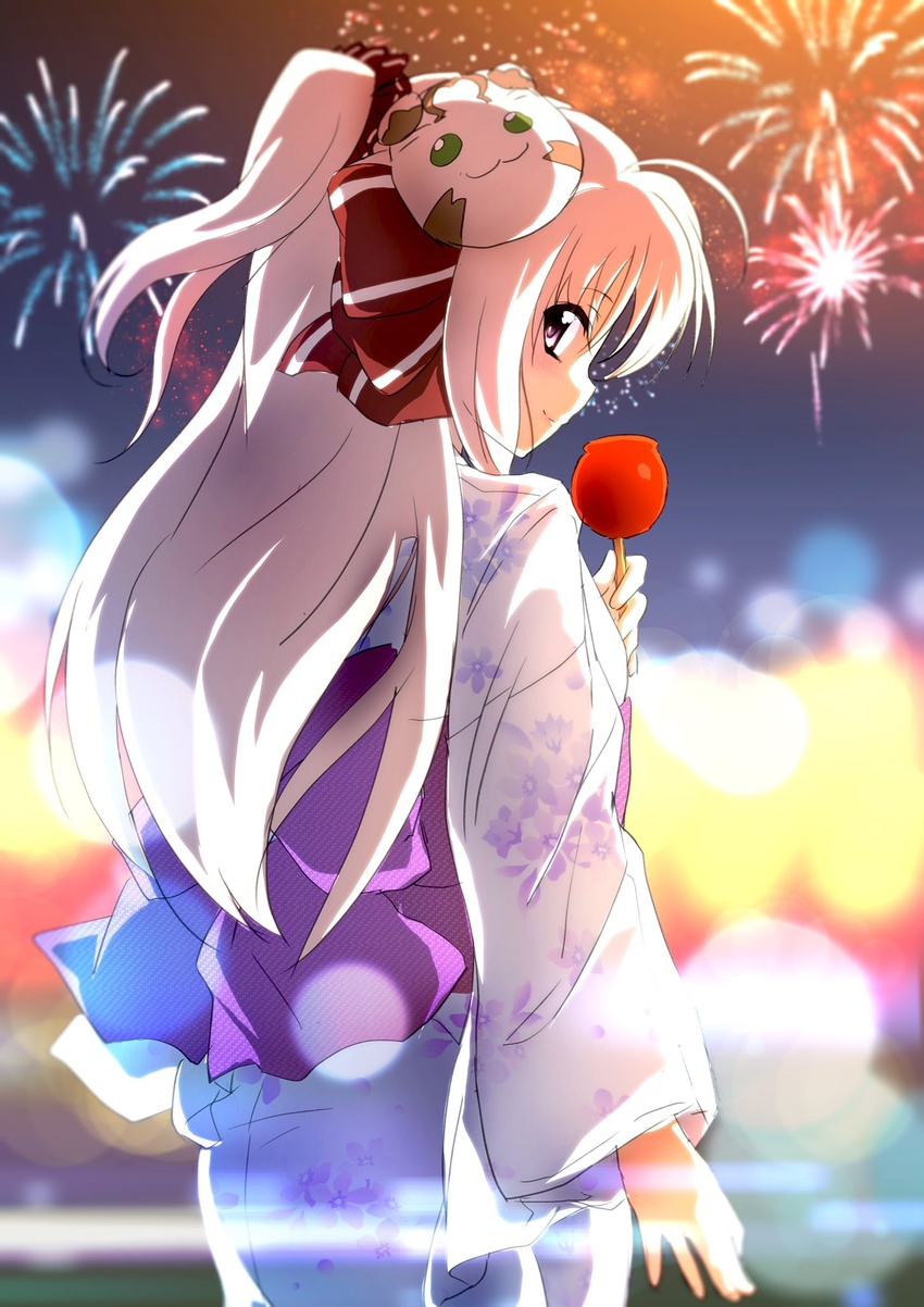 black_bow black_scrunchie blurry blurry_background bokeh bow candy_apple cat_mask closed_mouth commentary depth_of_field female fireworks floral_print food from_behind hair_ornament hair_scrunchie hairbow highres holding holding_food huracan_(vivid_strike!) japanese_clothes kashima_fumi kimono long_hair long_sleeves looking_at_viewer looking_back lyrical_nanoha mask mask_on_head night night_sky obi one_side_up outdoors print_kimono purple_eyes rinne_berlinetta sash scrunchie sky smile solo standing vivid_strike! white_hair white_kimono