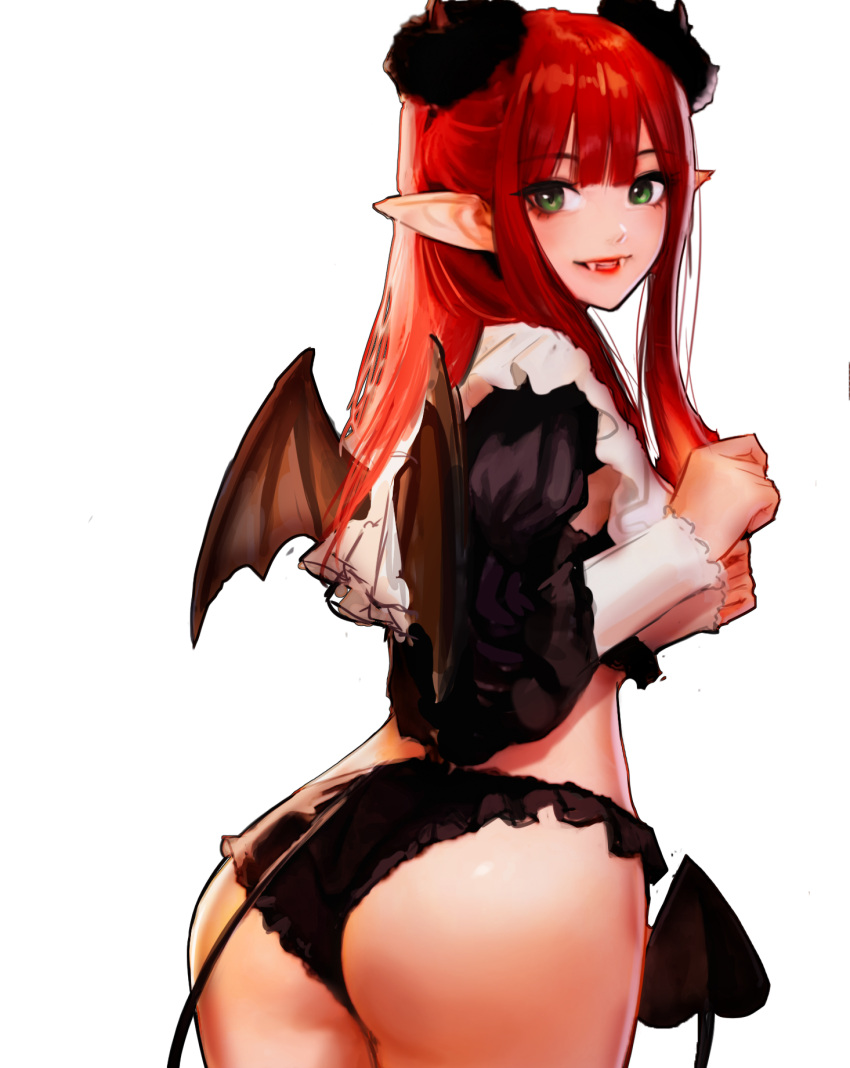 ass black_panties black_shirt black_wings commentary cosplay demon_girl demon_horns demon_tail demon_wings fangs female frills from_behind green_eyes highres horns jungon_kim kitagawa_marin long_hair long_sleeves looking_at_viewer looking_back no_pants panties parted_lips pointy_ears puffy_sleeves red_hair rizu-kyun rizu-kyun_(cosplay) shirt simple_background solo sono_bisque_doll_wa_koi_wo_suru tail teeth underwear white_background wings