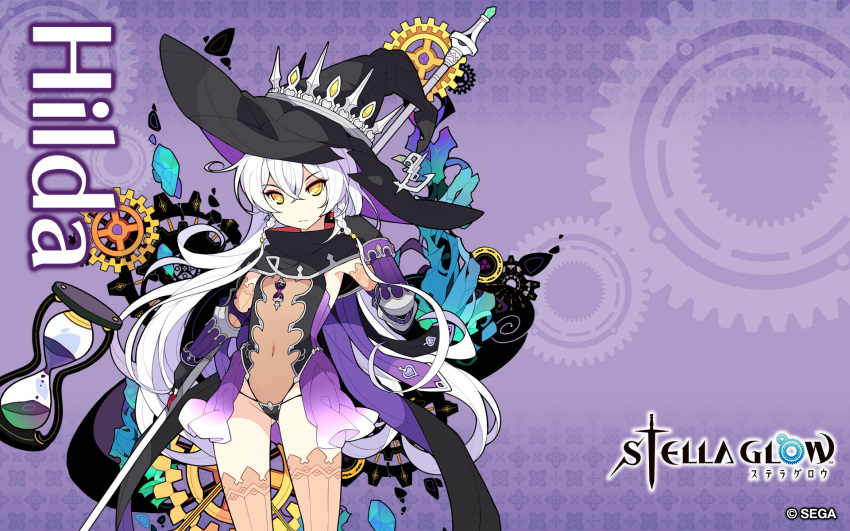 character_name copyright_name copyright_notice feet_out_of_frame female gears hat headwear_through_crown highres hilda_(stella_glow) ideolo long_hair looking_at_viewer navel official_art official_wallpaper promotional_art solo stella_glow thighhighs very_long_hair white_hair witch_hat yellow_eyes