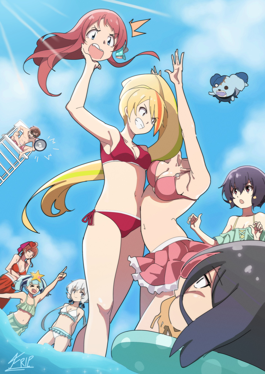 2boys 6+girls absurdres alternate_costume arms_up bad_id bad_pixiv_id bikini black_hair blonde_hair blue_hair breasts brown_hair canine cleavage commentary day disembodied_head frilled_bikini frills grin hair_ribbon heart heart_hair highres holding_head hoshikawa_lily konno_junko light_blue_hair light_green_hair long_hair low_twintails medium_breasts medium_hair minamoto_sakura mizuno_ai multicolored_hair multiple_boys multiple_girls nikaidou_saki open_mouth orange_hair outdoors pink_hair ponytail ribbon romero_(zombie_land_saga) short_hair side-tie_bikini_bottom sleepy_frippy small_breasts smile stitches streaked_hair swimsuit tatsumi_koutarou teeth twintails water white_hair yamada_tae yuugiri_(zombie_land_saga) zombie zombie_land_saga