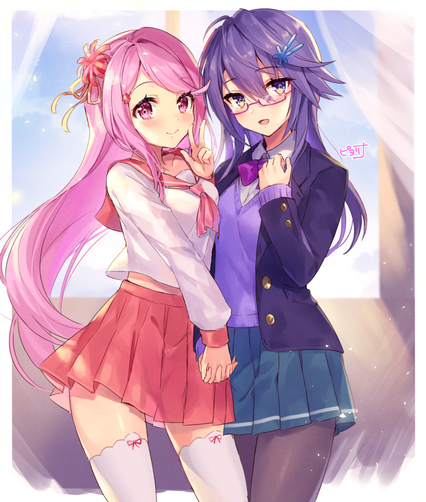 2girls :d absurdres anemone_(flower_knight_girl) ascot bespectacled black_legwear blue_skirt blush bow bow_legwear bowtie cowboy_shot flower flower_knight_girl glasses hair_flower hair_ornament hairclip highres holding_hands long_hair looking_at_viewer multiple_girls neckerchief open_mouth pantyhose pink_ascot pink_eyes pink_hair piyoyanagi pleated_skirt purple-framed_eyewear purple_bow purple_hair red_sailor_collar red_skirt sailor_collar sangobana_(flower_knight_girl) school_uniform serafuku shirt signature skirt smile standing thighhighs v white_legwear white_shirt yellow_eyes zettai_ryouiki