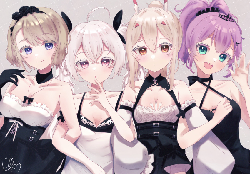 4girls absurdres ahoge alternate_costume ayanami_(azur_lane) ayanami_(nightfall_raiment)_(azur_lane) azur_lane bare_shoulders black_bow black_choker black_dress blonde_hair blue_eyes blush bow breasts brown_hair choker cleavage collarbone colored_eyelashes detached_sleeves dress expressionless finger_to_mouth gloves green_eyes grey_background hair_between_eyes hair_ornament hairband hairclip headgear highres javelin_(azur_lane) junineu laffey_(azur_lane) locked_arms looking_at_viewer medium_breasts multiple_girls official_alternate_costume open_mouth pink_eyes ponytail purple_hair red_eyes signature simple_background small_breasts smile tiara upper_body waving white_hair z23_(azur_lane) z23_(tanz_der_blumen)_(azur_lane)