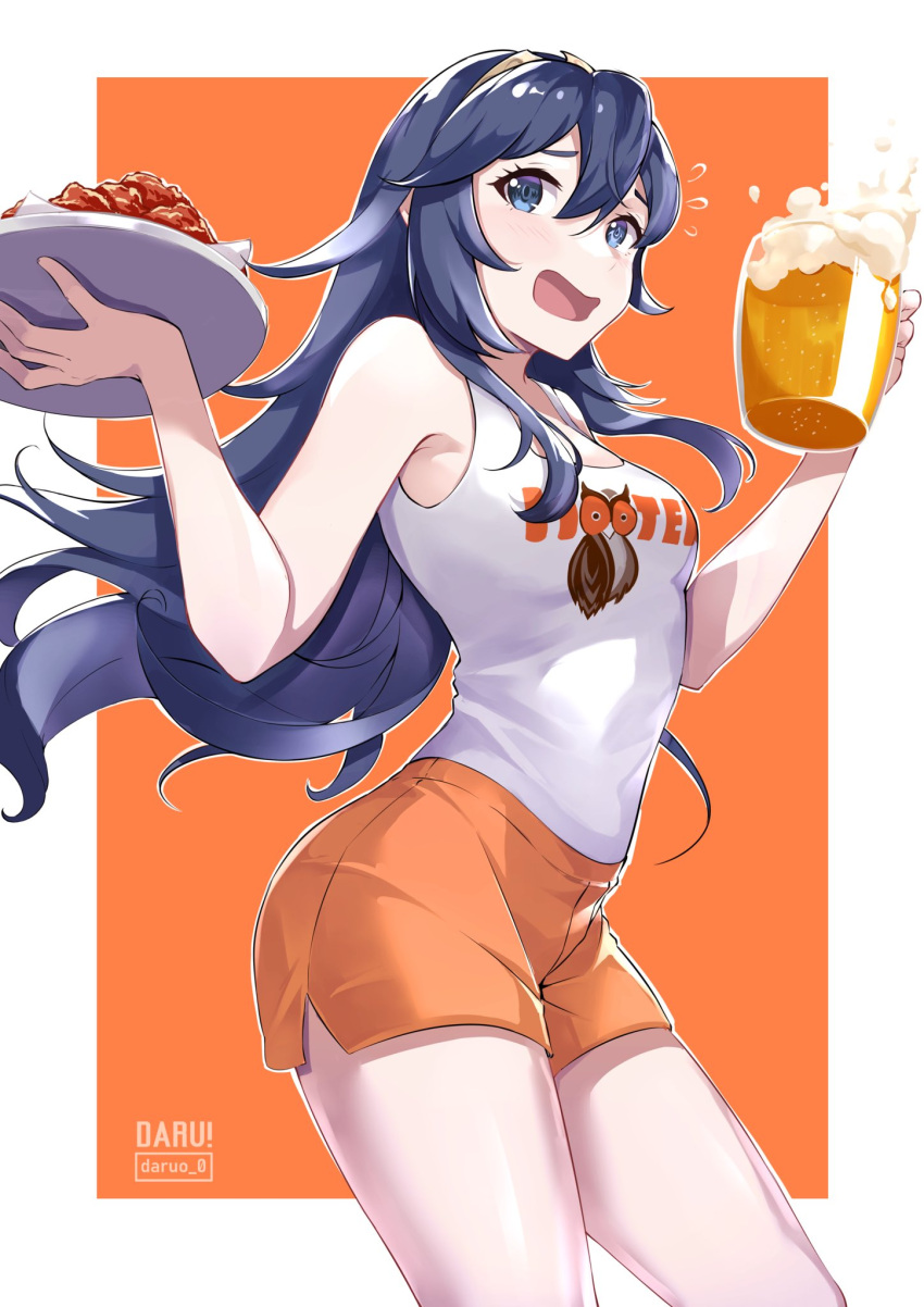 alcohol beer blue_eyes blue_hair blush breasts cleavage commission daru employee_uniform female fire_emblem fire_emblem_awakening food hair_between_eyes highres hooters long_hair looking_at_viewer lucina_(fire_emblem) no_legwear open_mouth orange_shorts short_shorts shorts simple_background solo tank_top tiara uniform waitress