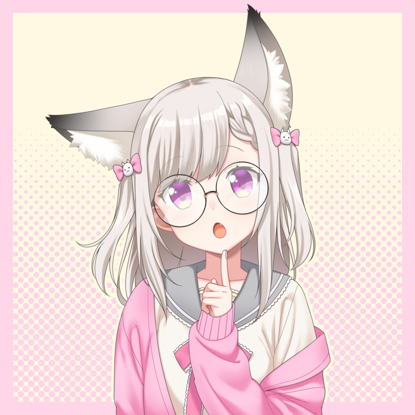 :o animal_ear_fluff animal_ears animare black-framed_eyewear bow braid braided_bangs cardigan collarbone commentary_request female glasses grey_hair grey_sailor_collar hairbow halftone halftone_background hand_up head_tilt highres kisaragi_hina long_hair long_sleeves looking_at_viewer nanashi_inc. off_shoulder open_cardigan open_clothes open_mouth pink_bow pink_cardigan purple_eyes round_eyewear sailor_collar school_uniform serafuku shiromiya_mimi shirt sleeves_past_wrists solo upper_body virtual_youtuber white_shirt