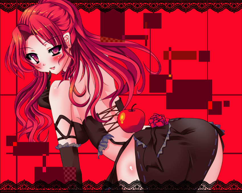 apple ass bare_shoulders bent_over black_gloves black_skirt blush breasts elbow_gloves female finger_to_face flower food fruit gloves hair_intakes hand_up highres long_hair mabinogi medium_breasts open_mouth pelvic_curtain pink_eyes pink_lips red_background red_flower red_hair red_rose rose rua side_slit skirt smile solo suittsu uneven_eyes