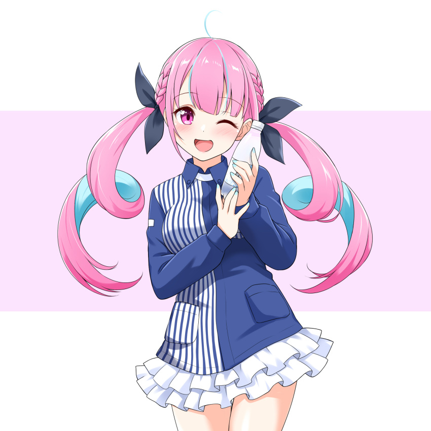 ;d ahoge blue_hair bottle braid colored_inner_hair felutiahime female hair_ribbon highres holding holding_bottle hololive lawson long_hair long_sleeves looking_at_viewer minato_aqua multicolored_hair nail_polish one_eye_closed open_mouth pink_background pink_hair purple_eyes ribbon simple_background skirt smile solo twintails two-tone_hair uniform virtual_youtuber water_bottle white_background white_skirt