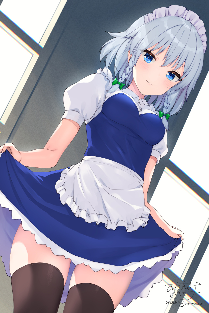 absurdres apron blue_dress blue_eyes blush bow braid breasts dress female grey_hair hairbow highres izayoi_sakuya looking_at_viewer maid maid_apron maid_headdress miniskirt ochinsama short_hair skirt skirt_hold smile solo thighhighs touhou twin_braids waist_apron white_apron