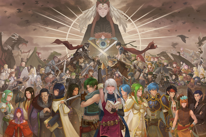 6+boys 6+girls almedha aran_(fire_emblem) arm_up armor artist_name ashera_(fire_emblem) axe bare_shoulders bastian_(fire_emblem) battle bird black_hair black_knight_(fire_emblem) blue_hair blue_scarf book boyd_(fire_emblem) breastplate brom_(fire_emblem) brown_hair calill_(fire_emblem) cape closed_eyes crossed_swords devdan_(fire_emblem) dragon edward_(fire_emblem) elbow_gloves elincia_ridell_crimea english_commentary everyone facial_mark fingerless_gloves fiona_(fire_emblem) fire_emblem fire_emblem:_radiant_dawn full_armor gatrie_(fire_emblem) gauntlets geoffrey_(fire_emblem) gloves green_hair grey_hair haar_(fire_emblem) heather_(fire_emblem) helmet hetzel_(fire_emblem) holding holding_book holding_sword holding_weapon ike_(fire_emblem) ilyana_(fire_emblem) izuka_(fire_emblem) jill_(fire_emblem) kieran_(fire_emblem) kurthnaga_(fire_emblem) laura_(fire_emblem) leanne_(fire_emblem) lekain leonardo_(fire_emblem) lethe_(fire_emblem) long_hair makalov_(fire_emblem) marcia_(fire_emblem) meg_(fire_emblem) mia_(fire_emblem) micaiah_(fire_emblem) mist_(fire_emblem) multiple_boys multiple_girls naesala_(fire_emblem) nailah_(fire_emblem) numida_(fire_emblem) oliver_(fire_emblem) orange_hair oscar_(fire_emblem) pelleas_(fire_emblem) purple_hair rafiel_(fire_emblem) ranulf_(fire_emblem) red_hair reyson_(fire_emblem) rhys_(fire_emblem) rolf_(fire_emblem) sanaki_kirsch_altina scarf sephiran_(fire_emblem) shinon_(fire_emblem) shoulder_armor sigrun_(fire_emblem) soren_(fire_emblem) sothe_(fire_emblem) stefan_(fire_emblem) sword tanith_(fire_emblem) tauroneo_(fire_emblem) tibarn_(fire_emblem) titania_(fire_emblem) tormod_(fire_emblem) valtome volke_(fire_emblem) watermark weapon whisker_markings yagaminoue yellow_eyes yune_(fire_emblem) zihark_(fire_emblem)