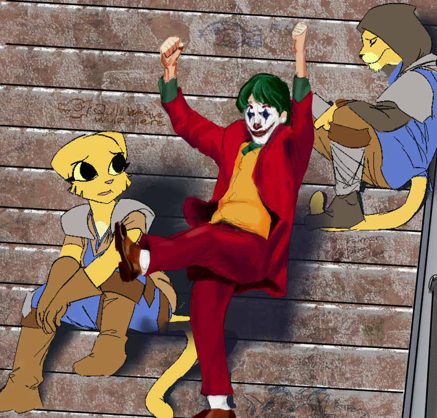 absurd_res anthro arthur_fleck batman_(series) bethesda_game_studios brown_clothing brown_footwear brown_shoes clothing clown clown_makeup dancing dc_comics digital_media_(artwork) felid female footwear fur general_proton graffiti green_hair group hair hi_res human humanoid joker_(2019_film) joker_dancing katia_managan khajiit looking_at_another m'aiq_the_liar male mammal meme microsoft movie_reference nintendo oblivion orange_clothing orange_topwear orange_vest prequel_adventure red_clothing red_suit shirt shoes sleeping stairs standing suit the_elder_scrolls the_joker the_legend_of_zelda three_piece_suit todd_howard topwear undershirt vest yellow_body yellow_fur