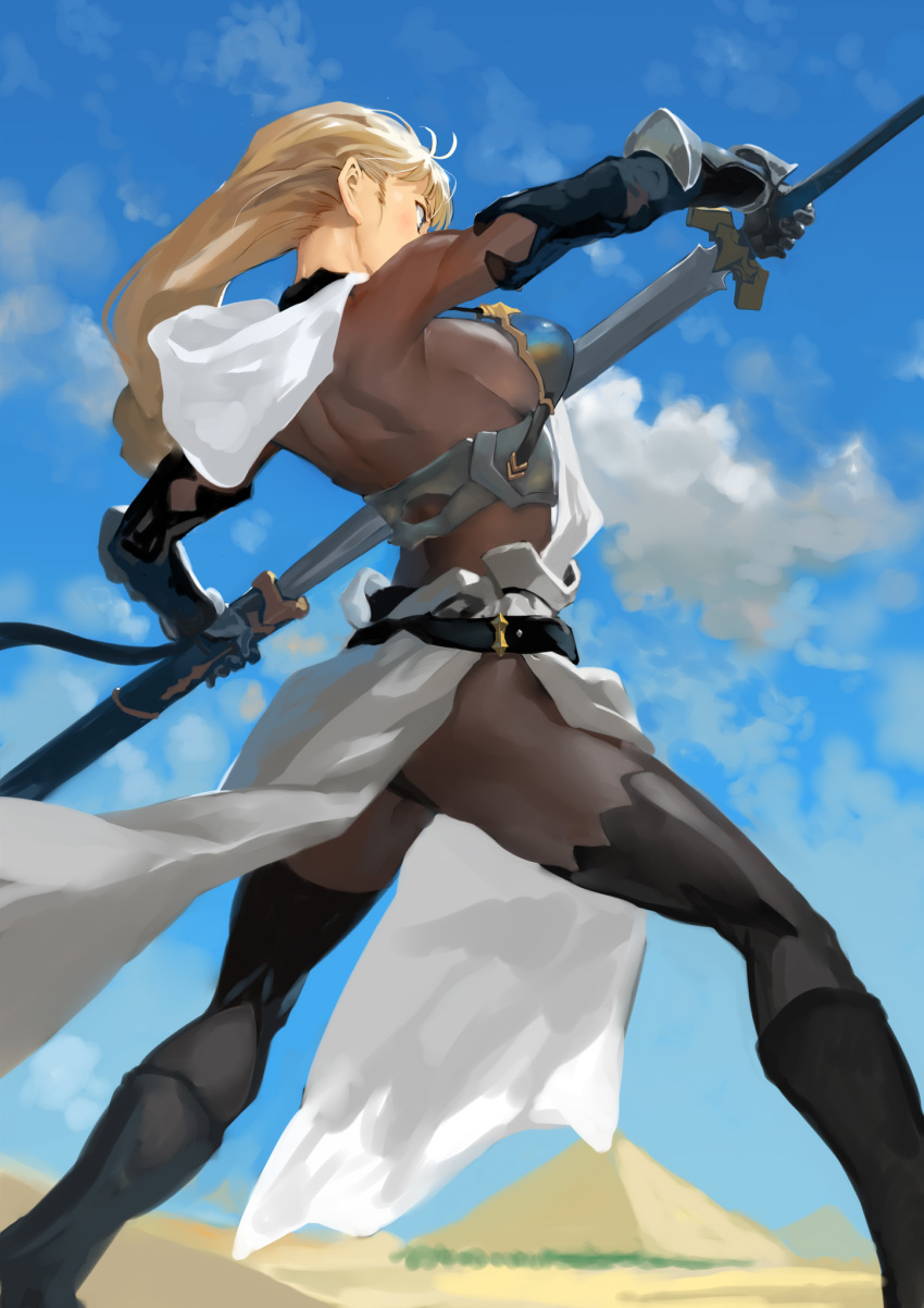 armor ass blonde_hair bob_(biyonbiyon) bodystocking boots duplicate female gloves highres holding holding_sword holding_weapon hood knight long_hair original pixel-perfect_duplicate pyramid_(structure) scabbard sheath solo sword tabard thighhighs unsheathing weapon