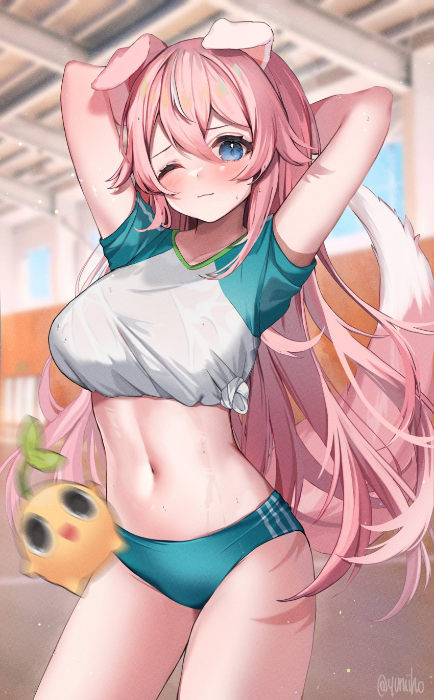 animal_ears arms_behind_head arms_up blue_buruma blue_eyes blush breasts buruma closed_mouth cowboy_shot dog_ears dog_girl dog_tail female hair_between_eyes highres indoors large_breasts long_hair looking_at_viewer motion_blur navel one_eye_closed pink_hair shirt short_sleeves solo standing stomach sweat tail tied_shirt twitter_username very_long_hair virtual_youtuber vyugen white_shirt yuniiho yuniiho_(vtuber)