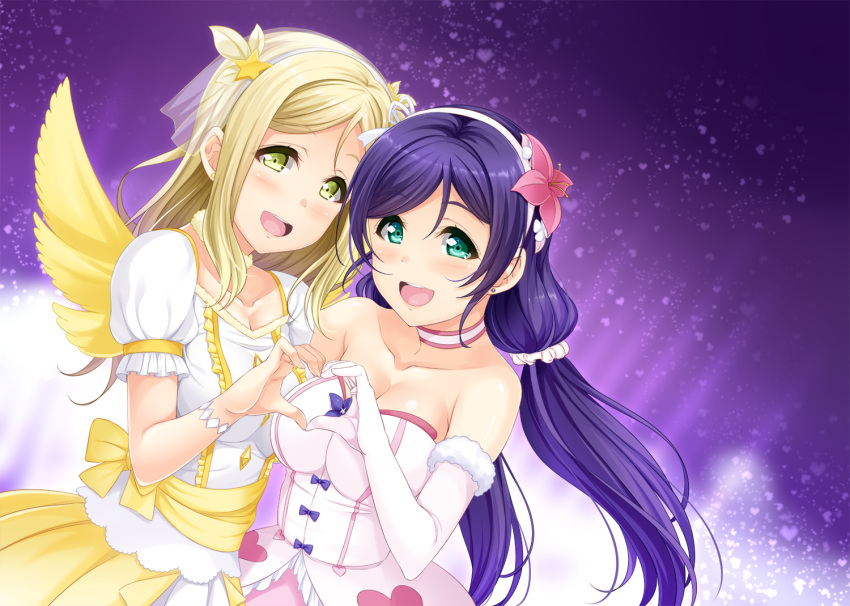 2girls :d bad_id bad_pixiv_id birthday blush bokutachi_wa_hitotsu_no_hikari breasts choker cleavage collarbone hair_ornament heart heart_background heart_hands heart_hands_duo hino_minato_(spec.c) in-franchise_crossover large_breasts looking_at_viewer love_live! love_live!_school_idol_project love_live!_sunshine!! multiple_girls ohara_mari open_mouth smile swept_bangs tareme tojo_nozomi upper_body