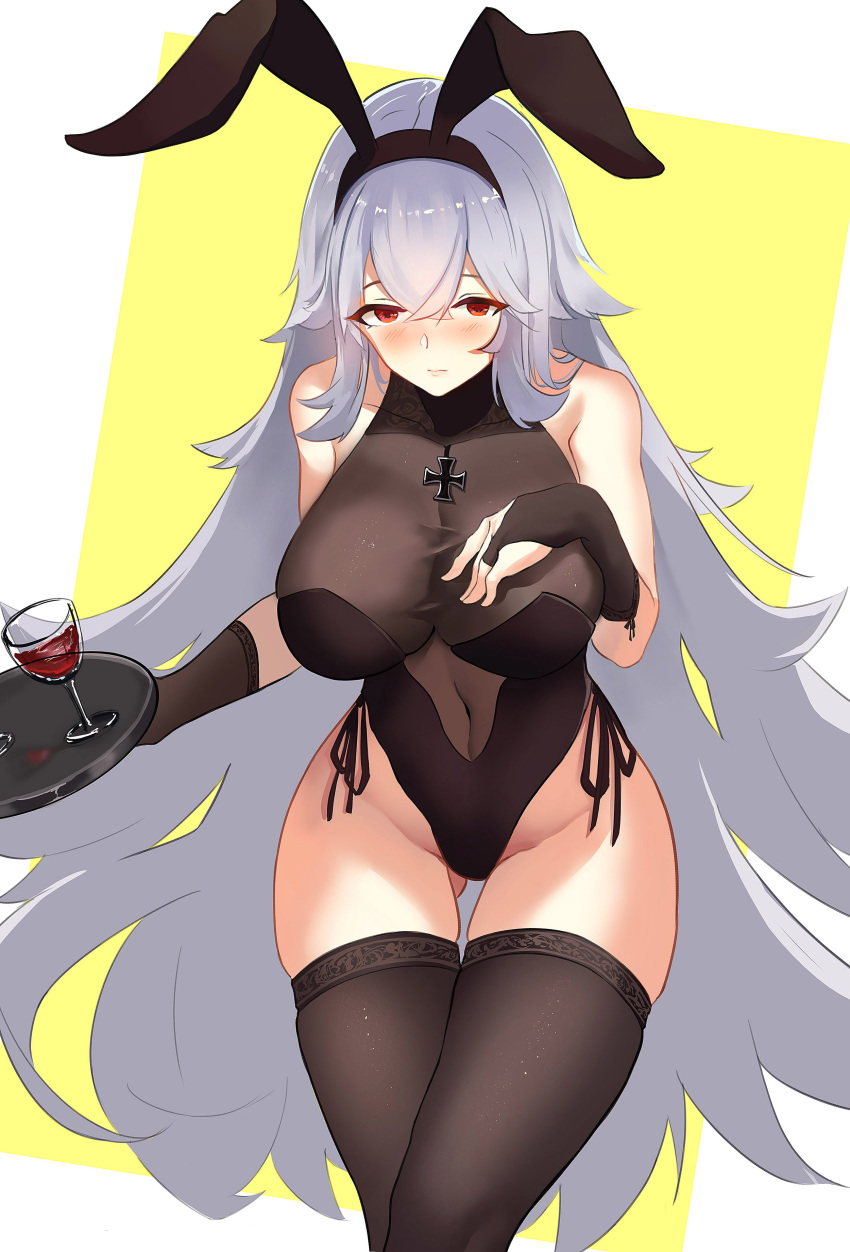 absurdres adapted_costume animal_ears ass_visible_through_thighs azur_lane bare_shoulders black_one-piece_swimsuit blush breasts bridal_gauntlets brown_thighhighs casual_one-piece_swimsuit clothing_cutout cross fake_animal_ears female graf_zeppelin_(azur_lane) graf_zeppelin_(beachside_urd)_(azur_lane) grey_hair highleg highleg_leotard highres impossible_clothes impossible_swimsuit iron_cross large_breasts leotard long_hair md5_mismatch navel_cutout official_alternate_costume one-piece_swimsuit photoshop_(medium) rabbit_ears red_eyes see-through skindentation swimsuit thighhighs very_long_hair wjn-rance