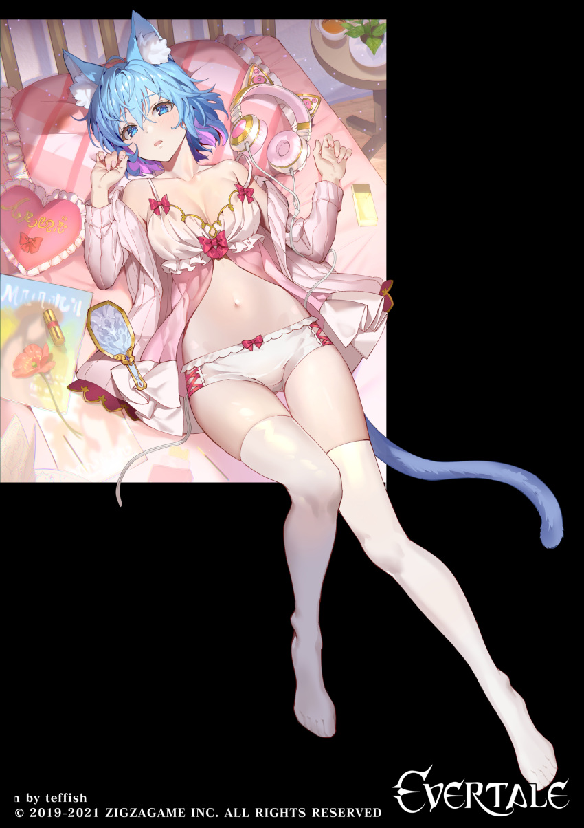 absurdres animal_ear_fluff animal_ear_headphones animal_ears axent_wear babydoll bare_shoulders bed bloomers blue_eyes blue_hair breasts cat_ear_headphones cat_ears cat_girl cat_tail cleavage collarbone colored_inner_hair evertale fake_animal_ears female full_body grey_jacket hands_up headphones heart heart-shaped_pillow highres jacket large_breasts lingerie long_sleeves looking_at_viewer lying midriff mirai_(evertale) mirror multicolored_hair navel no_shoes off_shoulder official_art on_back on_bed open_clothes open_jacket open_mouth outside_border pillow short_hair solo spaghetti_strap stomach tail teffish thighhighs thighs underwear white_bloomers white_thighhighs