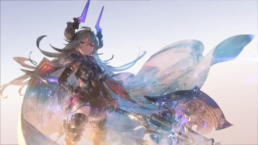 armor armored_boots axe battle_axe black_gloves boots breastplate breasts cape closed_mouth draph elbow_gloves female gloves granblue_fantasy grey_hair highres holding holding_axe holding_weapon horn_ornament horns large_breasts long_hair minaba_hideo official_art red_eyes red_skirt skirt solo third-party_source threo_(granblue_fantasy) very_long_hair weapon white_cape