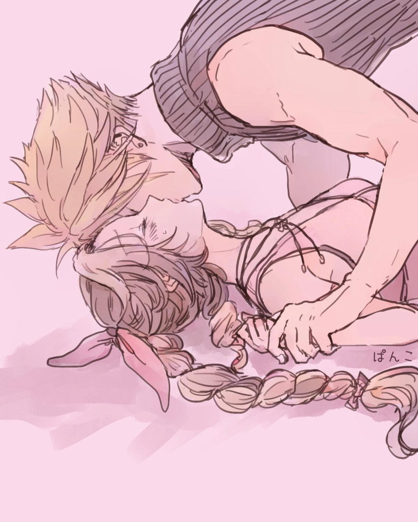 1boy aerith_gainsborough ancotsubu blonde_hair blue_shirt blush braid braided_ponytail breasts brown_hair choker closed_eyes cloud_strife couple dress earrings female final_fantasy final_fantasy_vii final_fantasy_vii_remake hair_ribbon highres holding_another's_wrist jacket jewelry medium_breasts parted_bangs pink_background pink_dress pinned protected_link ribbon shirt sidelocks single_earring sleeveless sleeveless_turtleneck spiked_hair straight sweat toned toned_male turtleneck unworn_armor unworn_jacket upper_body wavy_hair