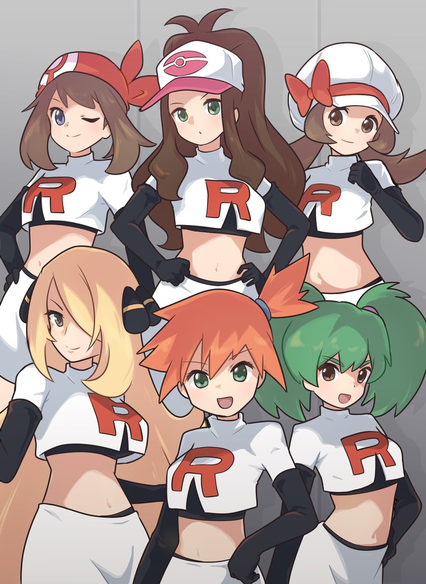 6+girls :d aqua_eyes bad_id bad_twitter_id bandana baseball_cap blue_eyes breasts brown_eyes brown_hair closed_mouth cosplay crop_top cynthia_(pokemon) duplica_(pokemon) elbow_gloves gloves grey_background grey_eyes hair_ornament hair_over_one_eye hand_on_own_hip hands_on_own_hips hat highres hilda_(pokemon) kasumi_(pokemon) long_hair looking_at_viewer lyra_(pokemon) may_(pokemon) medium_hair midriff multiple_girls navel one_eye_closed open_mouth pencil_skirt pokemon pokemon_(anime) pokemon_(classic_anime) pokemon_bw pokemon_dppt pokemon_hgss pokemon_rgby pokemon_rse ponytail poyo_party print_shirt shirt side_ponytail simple_background skirt smile team_rocket team_rocket_grunt team_rocket_grunt_(cosplay) team_rocket_uniform twintails v-shaped_eyebrows very_long_hair white_skirt