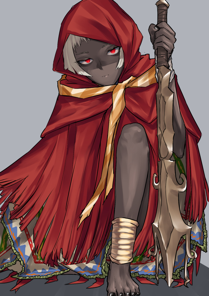 black_nails cloak closed_mouth commentary_request dark-skinned_female dark_skin fate/requiem fate_(series) female grey_background highres joki_yoh looking_at_viewer nzambi_(fate) red_cloak red_eyes short_hair simple_background sitting sword very_dark_skin weapon white_hair