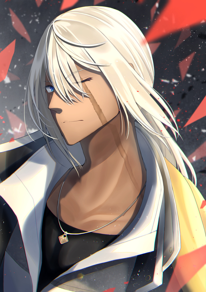 1boy absurdres blonde_hair blue_eyes commentary_request dark-skinned_male dark_skin god_eater god_eater_3 hair_over_one_eye highres jewelry long_hair male_focus necklace one_eye_closed popped_collar scar scar_across_eye scar_on_face solo soma_schicksal tobi_(pixiv41237754)