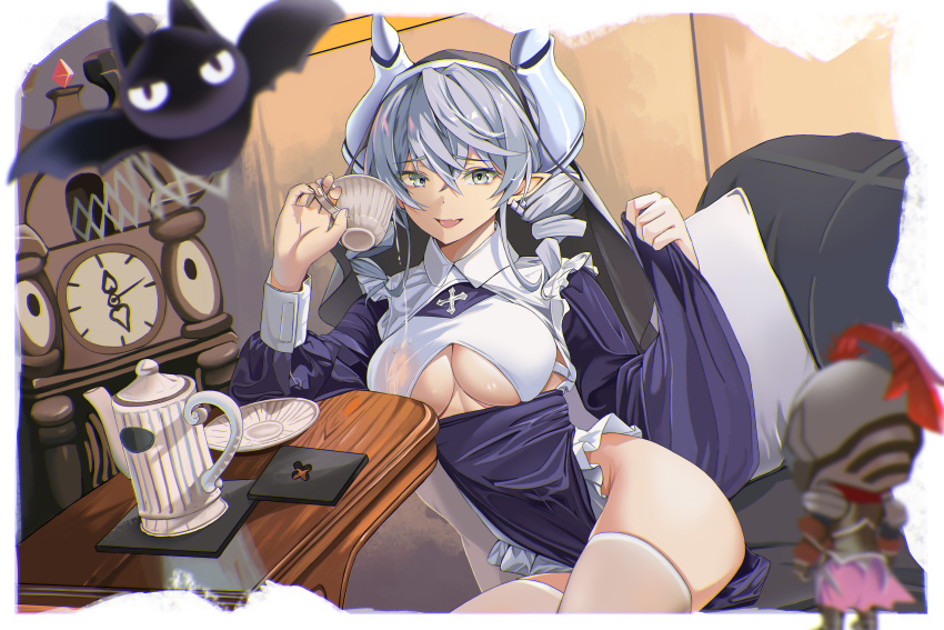 2girls absurdres armor auguste breasts dress drill_hair duel_monster grey_hair habit highres horns knight knight_(yu-gi-oh!) large_breasts long_hair lovely_labrynth_of_the_silver_castle md5_mismatch multiple_girls nun pointy_ears see-through thighhighs yellow_eyes yu-gi-oh!