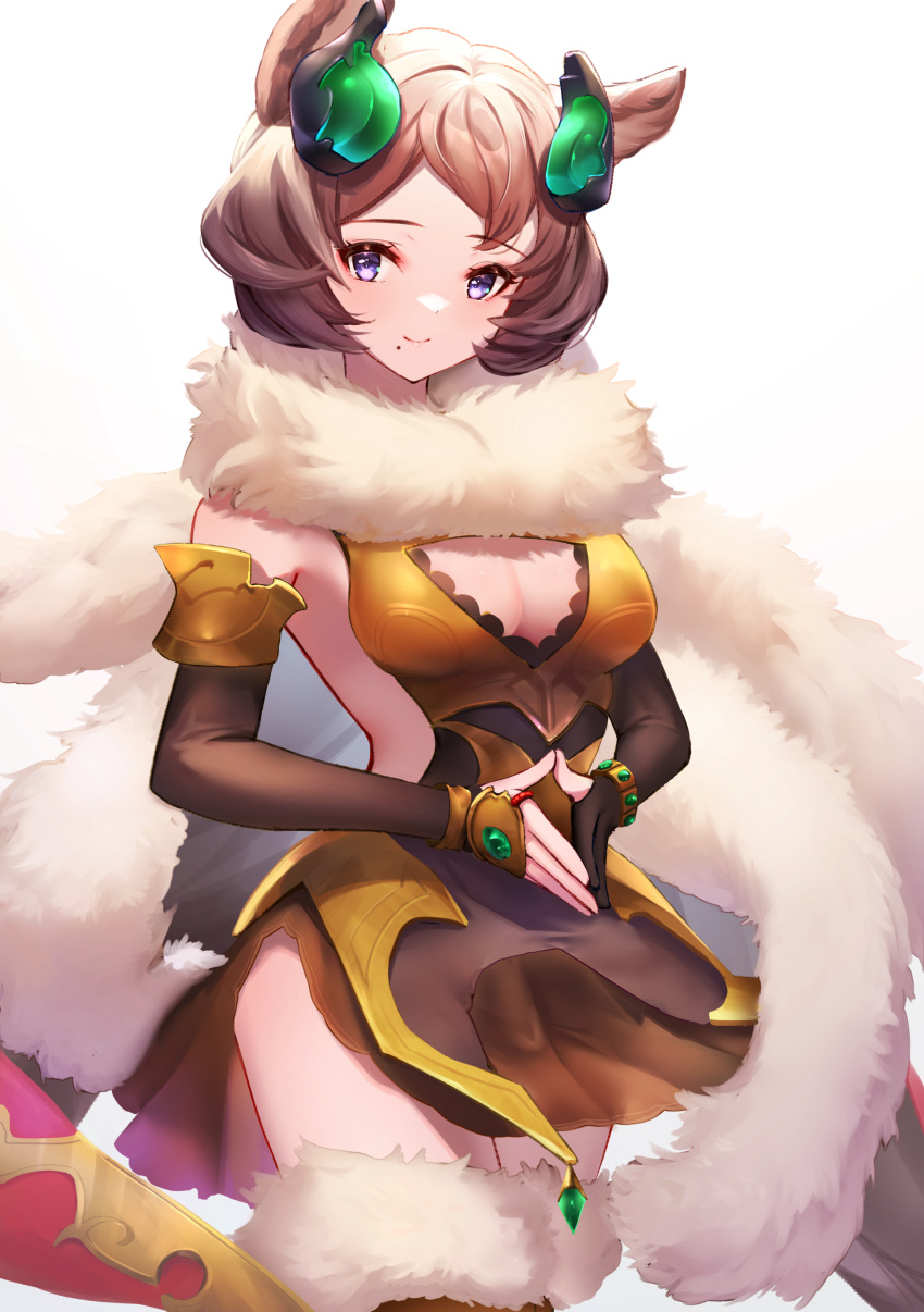 absurdres animal_ears bare_shoulders breasts brown_hair cat_ears cleavage closed_mouth cowboy_shot dress elbow_gloves erune female fur_collar fur_trim gloves granblue_fantasy highres looking_at_viewer medium_breasts medium_hair mole mole_under_mouth own_hands_together purple_eyes sakurahuji-iro side_slit sideless_outfit simple_background smile solo sutera_(granblue_fantasy) swept_bangs thighhighs zettai_ryouiki