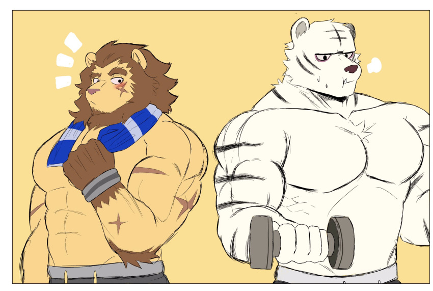 2020 5_fingers abs animal_crossing anthro athletic_wear biceps border brown_mane clothed clothing dumbbell duo elvis_(animal_crossing) exercise exercise_clothing facial_scar felid fingers fur hi_res humanoid_hands lion looking_at_another male male/male mammal mane muscular muscular_anthro muscular_male nintendo pantherine pecs pink_nose pkylblu rolf_(animal_crossing) scar striped_body striped_fur stripes tan_body tan_fur tiger topless towel weights white_body white_border white_fur x_scar