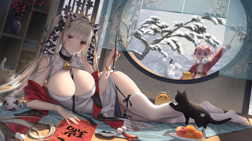 aliasing animal animal_ears anthro azur_lane breasts chinese_clothes chinese_dress cleavage cowgirl dress feline food formidable_(azur_lane) fruit haneru headband horns long_hair saratoga_(azur_lane) stockings tagme thighhighs