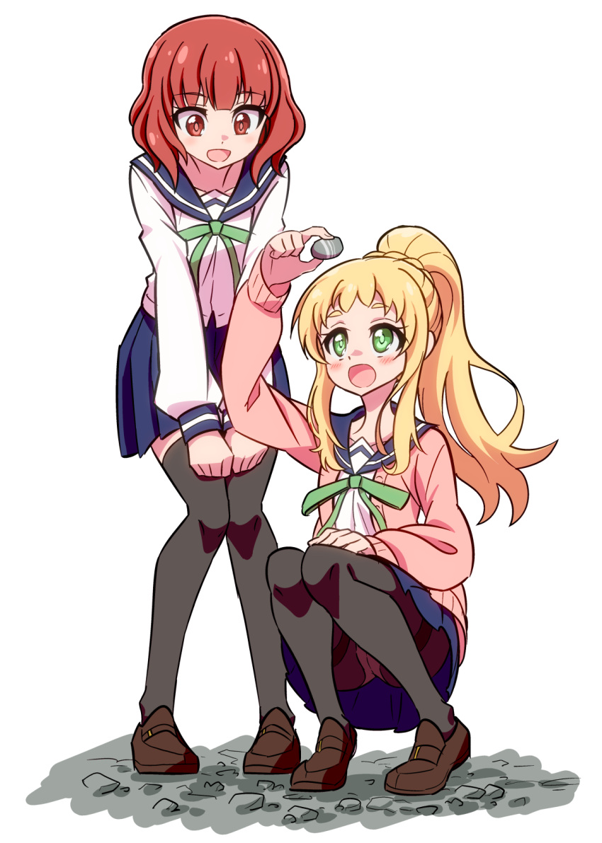 2girls :d black_legwear blonde_hair blue_sailor_collar blue_skirt blunt_bangs blush brown_footwear cardigan commentary_request full_body green_eyes highres hiroshix31 inose_mai koisuru_asteroid long_hair long_sleeves looking_down looking_up multiple_girls open_mouth panties panties_under_pantyhose pantyhose pink_cardigan ponytail red_hair sailor_collar sakurai_mikage school_uniform serafuku shoes short_hair simple_background skirt smile squatting thighband_pantyhose thighhighs underwear white_background zettai_ryouiki