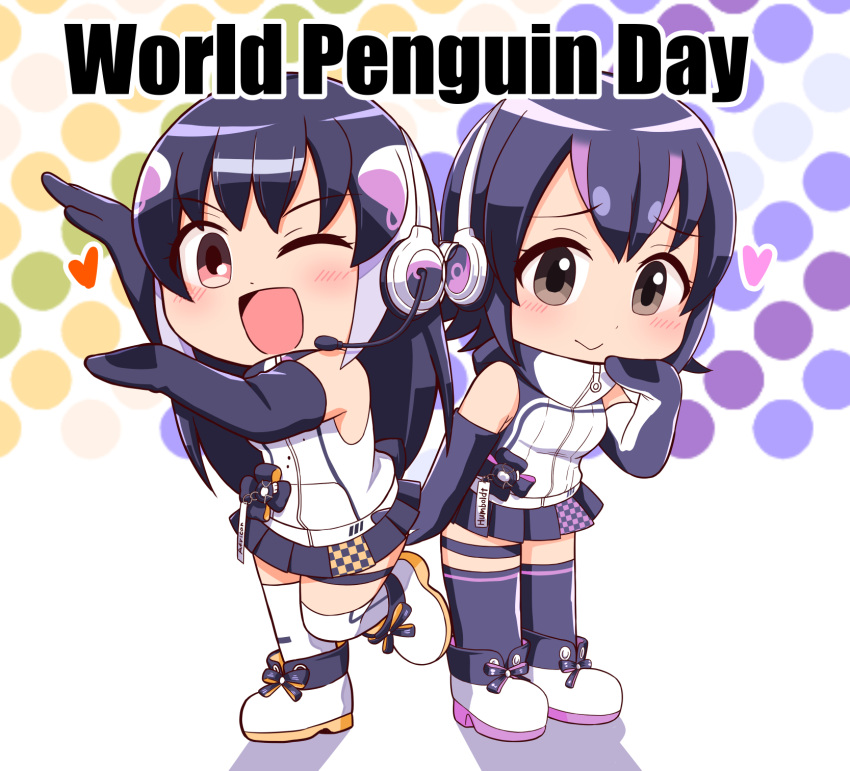 2girls african_penguin_(kemono_friends) animal_costume black_hair colored_shoe_soles english_text gloves headphones highres humboldt_penguin_(kemono_friends) kemono_friends kemono_friends_v_project long_hair looking_at_viewer microphone multicolored_hair multiple_girls one_eye_closed open_mouth penguin_costume penguin_tail rakugaki_arai shirt short_hair simple_background smile straight_hair tail virtual_youtuber white_background