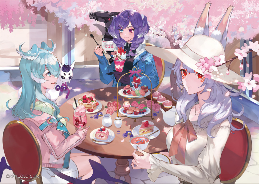 3girls animal_ears animal_on_shoulder black_shirt blue_eyes blue_hair braid breasts cake cherry_blossoms cup dappled_sunlight denim denim_jacket drinking_glass drinking_straw elira_pendora ember_(selen_tatsuki) extra_eyes facial_mark flower flower_on_liquid food forehead_mark fox_ears fox_girl fruit green_sweater grey_hair hair_over_one_eye hat head_wings heterochromia highres holding holding_cup holding_spoon hood hooded_jacket jacket long_hair looking_at_viewer macaron medium_breasts medium_hair multiple_girls nijisanji nijisanji_en nina_kosaka official_alternate_costume official_art one_eye_covered open_mouth pansy parfait pikl_(elira_pendora) pink_jacket purple_eyes purple_hair red_eyes selen_tatsuki shirt sitting skirt smile soda spoon strawberry sunlight sweater swiss_roll tea teacup teapot tiered_tray twin_braids uonomeuroko virtual_youtuber white_headwear white_shirt white_skirt wings