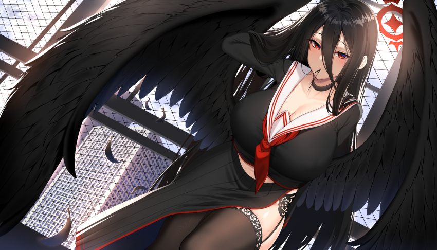 absurdres black_choker black_feathers black_garter_belt black_hair black_skirt black_thighhighs black_wings blue_archive breasts building chain-link_fence chixiao choker cleavage commentary crop_top falling_feathers feathers female fence garter_belt hair_in_own_mouth halo hand_in_own_hair hasumi_(blue_archive) highres large_breasts large_wings leaning_forward long_bangs long_hair long_skirt long_sleeves looking_at_viewer moire neckerchief outdoors red_eyes red_neckerchief sailor_collar school_uniform side_slit skirt solo straight_hair thighhighs very_long_hair wings