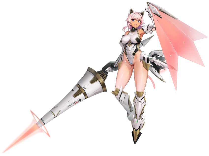 animal_ears armored_boots armpits barcode bare_shoulders black_collar blue_eyes boots breasts cat_ears cat_tail collar dark-skinned_female dark_skin detached_sleeves energy_barrier energy_shield energy_tail energy_weapon english_text fake_animal_ears fake_tail female floating full_body gloves gold_trim groin_tendon hair_intakes highleg highleg_leotard highres holding holding_polearm holding_shield holding_weapon huge_weapon impossible_clothes impossible_leotard lancer_mina large_breasts last_origin leotard looking_at_viewer mechanical_ears mechanical_parts medium_hair mel_(dodosae) multicolored_hair official_alternate_costume official_art open_mouth pantyhose pilot_suit pink_hair polearm red_hair see-through see-through_sleeves shield simple_background smile solo streaked_hair tachi-e tail tan tanlines third-party_source transparent_background two-tone_hair weapon white_footwear white_gloves white_leotard