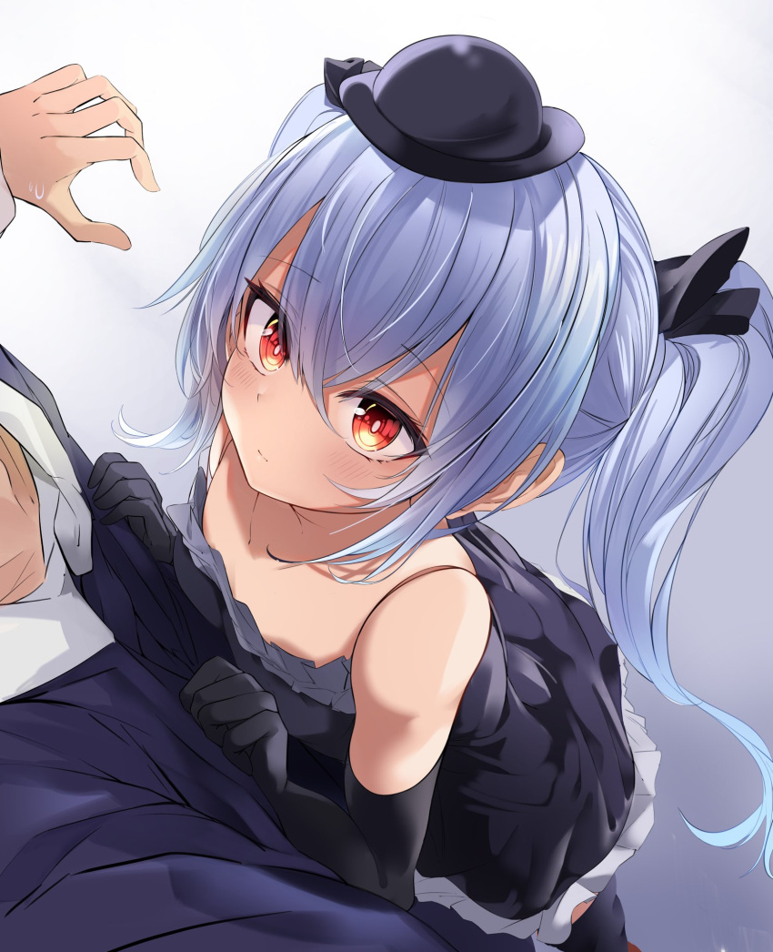 1boy bare_shoulders black_gloves black_headwear black_legwear black_ribbon blue_hair blush closed_mouth crossed_bangs dress elbow_gloves female flat_chest frilled_dress frills gloves gradient_background granblue_fantasy grey_background hair_between_eyes hair_ribbon hands_on_another's_chest hat highres leaning_on_person long_hair looking_at_another looking_up mamezou_(tzakki023) orchis red_eyes ribbon simple_background solo_focus standing thighhighs top_hat twintails