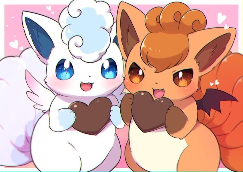 alolan_vulpix blue_eyes blush border brown_eyes commentary heart holding kemoribon looking_at_viewer no_humans oerba_yun_fang open_mouth outside_border pokemon pokemon_(creature) protected_link symbol-only_commentary tongue vulpix white_border wings