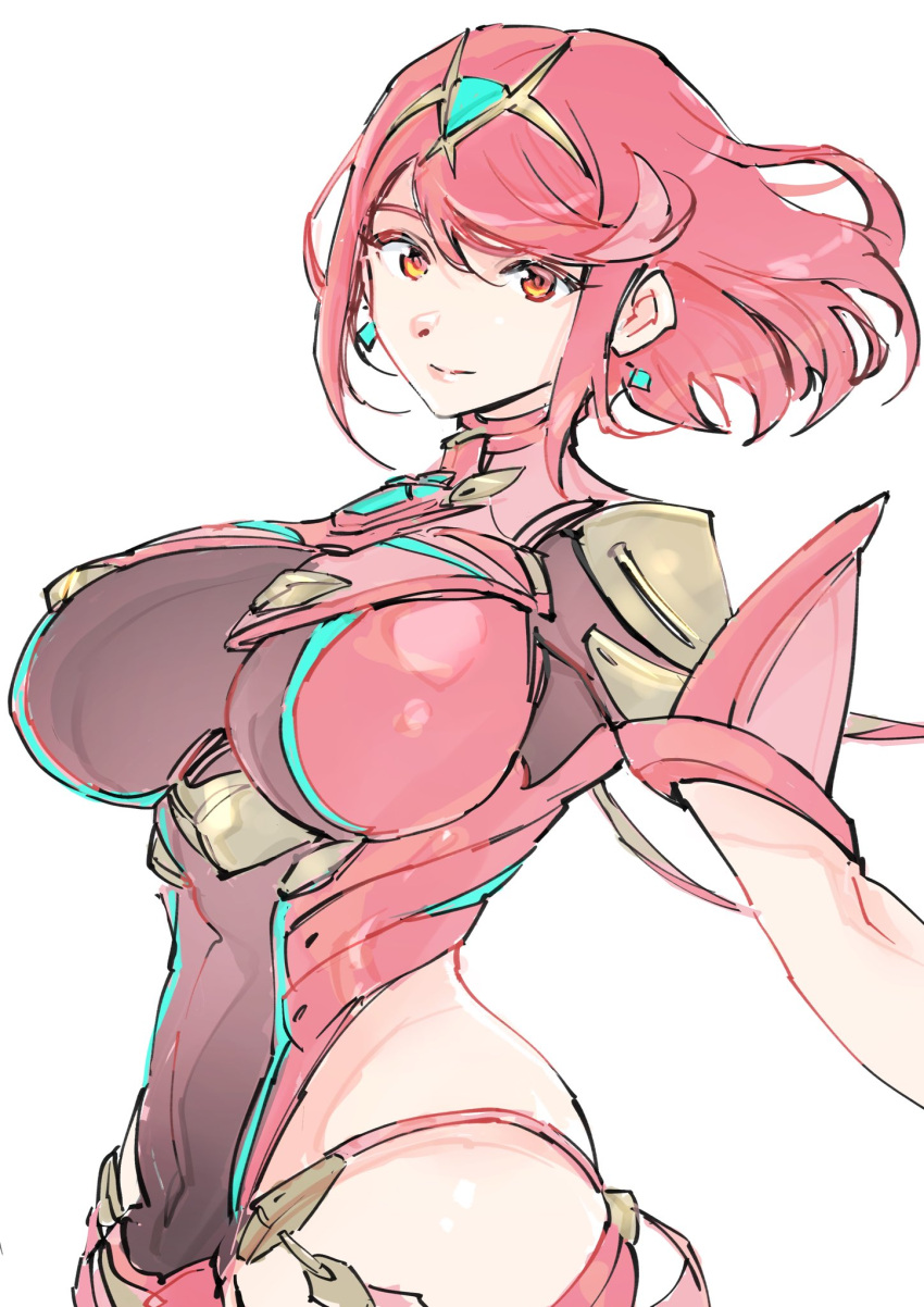 backless_outfit bob_cut breasts drop_earrings earrings female highres hip_vent impossible_clothes jewelry large_breasts looking_at_viewer micro_shorts pyra_(xenoblade) red_eyes red_hair shiny_skin short_hair shorts simple_background skindentation smile solo swept_bangs tiara ug333333 upper_body white_background xenoblade_chronicles_(series) xenoblade_chronicles_2