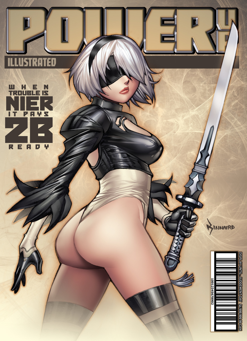 2b_(nier:automata) ass barcode black_blindfold black_gloves black_hairband blindfold boots breasts cleavage_cutout clothing_cutout commentary cover covered_eyes english_commentary english_text fake_magazine_cover feather-trimmed_sleeves female gloves hair_over_one_eye hairband highleg highleg_leotard highres holding holding_sword holding_weapon juliet_sleeves katana leotard lips long_sleeves magazine_cover md5_mismatch medium_breasts nier:automata nier_(series) no_mole photoshop_(medium) puffy_sleeves ryan_kinnaird shiny_clothes short_hair shrug_(clothing) solo sword thigh_boots thighhighs thighhighs_under_boots thong_leotard vambraces virtuous_contract weapon white_hair white_leotard